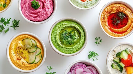 Colorful Assortment of Various Hummus Bowls with Fresh Ingredients
