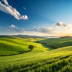 Obraz premium Rolling green hills under a blue sky with wispy clouds at sunset