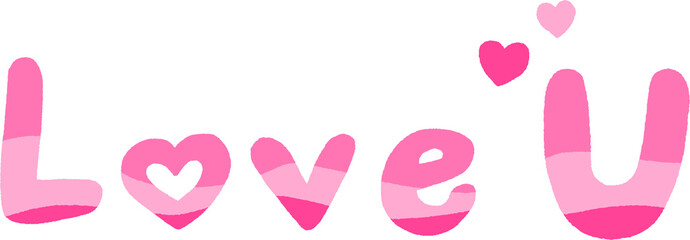 Love U pastel pink bubble-letter text with heart icons – cute hand-drawn vector lettering for Valentine, social post