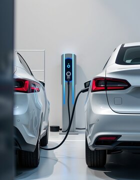 Electric vehicles charging at a modern EV station, representing sustainable transportation and smart energy solutions.