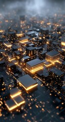 Aerial View of Futuristic Cityscape with Glowing Lights at Night