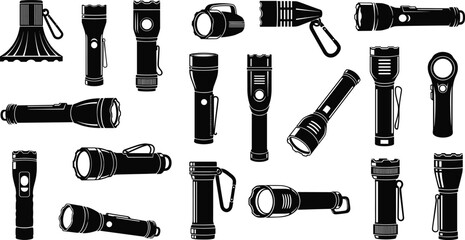 Flashlight Silhouette Set, Torch Vector Icons, Portable Light Designs, Clip-On and Textured Styles, Black Graphic Illustration, Emergency Gear