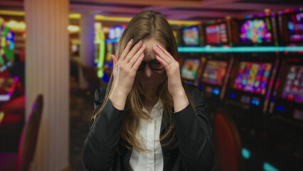 Young caucasian woman wearing glasses holding head with both hands at casino slot machine under neon lights; anxiety.