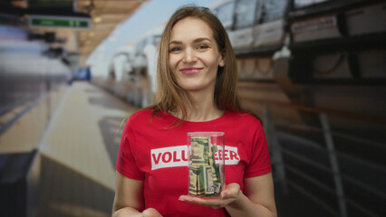 Young woman holding glass donation jar filled with dollars in building; generosity compassion...