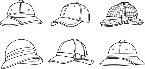 Hat Silhouette Icon Set, Fashion Headwear Vector, Wide Brim Styles, Baseball Cap, Cloche Hat, Bow Detail, Black Design, Minimal Art