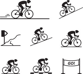 Road Cycling Activity Icons Rider in Motion, Uphill Climb, Downhill Speed, Hand Signal, Rest Stop, Route Marker, and Race Start