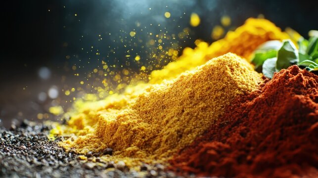 Colorful Spices on Dark Surface with Dusty Particles in Background