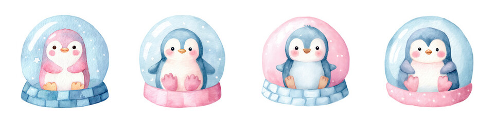 Four watercolor penguins sit inside snow globe spheres with pastel colored bases
