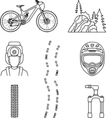 Naklejka premium Mountain Biking Icons Trail Bike, Rocky Path, Forest Terrain, Rider with Backpack, Helmet with GoPro, Tire Tracks, and Suspension Fork