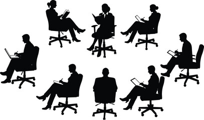 Office Chair Silhouette Set, People Reading and Writing, Laptop and Tablet Users, Collaborative Work Scene, Black Vector Icons