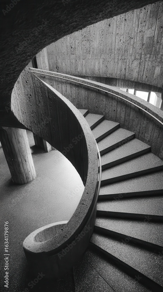 Poster abstract grayscale image of a spiraling staircase with textured walls and floors.