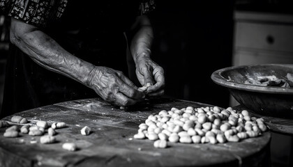 Authentic cooking at home: Authentic cooking at home. Italian grandmother passionately prepares gnocchi, showcasing culinary heritage in black and white