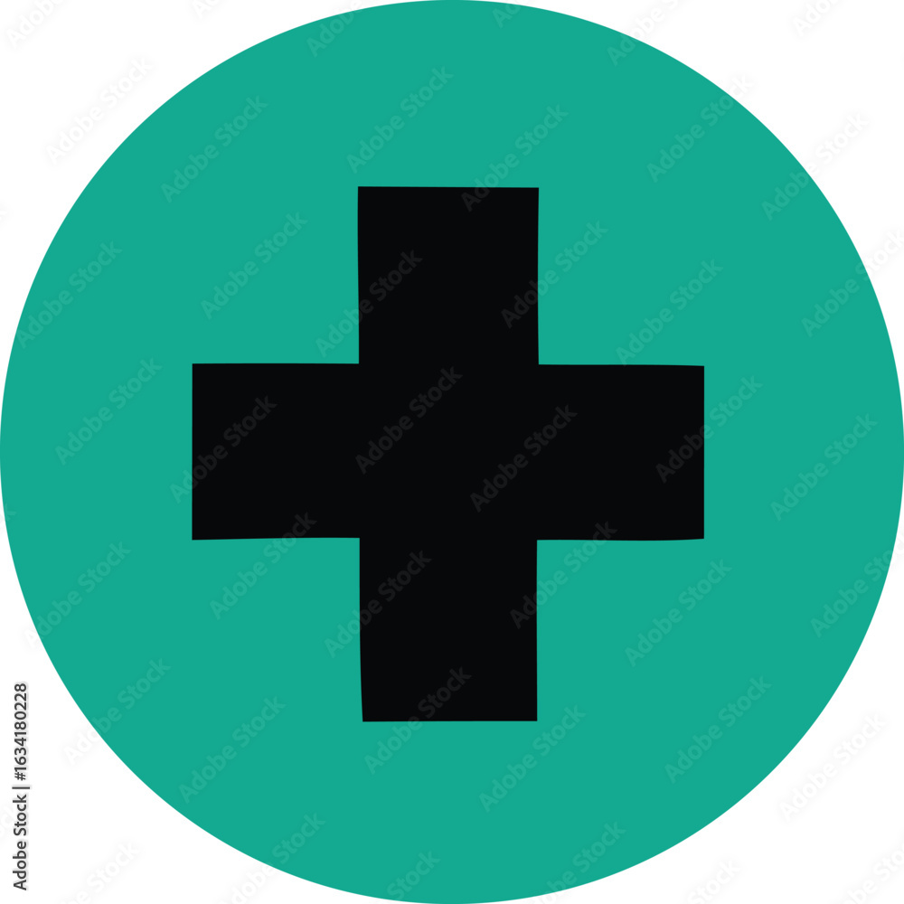 Poster simple black plus sign centered within a vibrant teal circle with subtle gradient and outward focus 