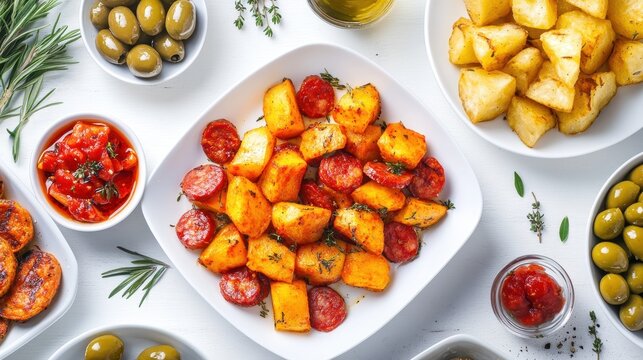Delicious Assorted Tapas with Potatoes, Chorizo, and Fresh Herbs