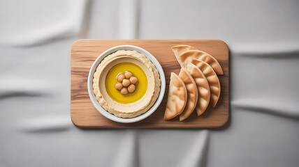 Overhead Shot of Hummus Plate with Pita Bread on a Wooden Board atop Crumpled White Fabric