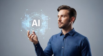 A man holding a holographic AI interface displaying data connections. Business and technology concept for artificial intelligence advancement.