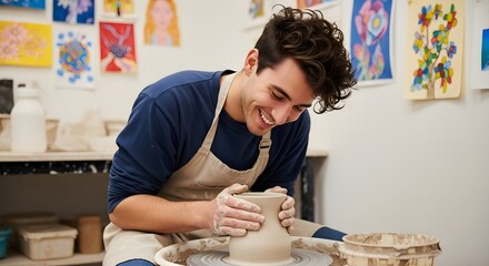 A smiling caucasian man creating pottery on a potter's wheel in a studio. Artistic and creative craft workshop. Happy artisan at work.