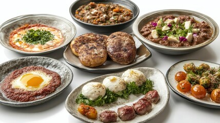 Colorful Spread of Diverse Dishes on Rustic Plates for Dining Experience