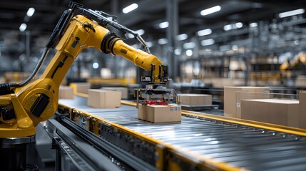robotic arm sorting packages in smart warehouse