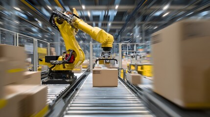 Fototapeta premium robotic arm sorting packages in smart warehouse