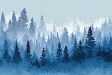 Fototapeta premium Misty blue evergreen forest with a soft, diffused light. Use it for backgrounds, nature themes, or peaceful scenes.