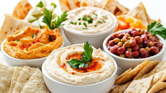 Delicious Assortment of Dips with Pita Bread and Fresh Vegetables - Powered by Adobe
