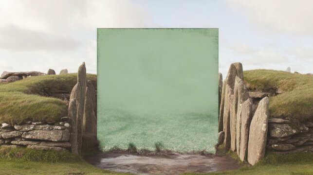 Square green screen billboard is embedded within an ancient stone circle