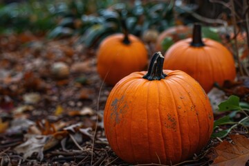 Fototapeta premium Pumpkins on the ground vegetable squash plant.