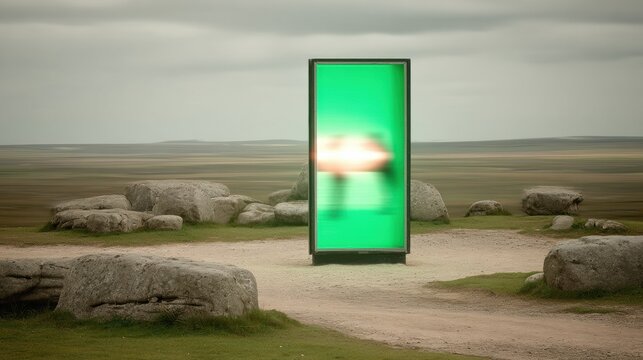 Steppe landscape with tall rectangular green screen billboard in the centre of ancient stone circle
