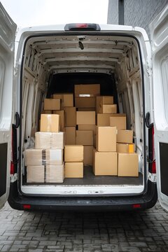 delivery van with open rear door full of packages