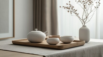 A minimalist tea set on a wooden tray.  Light, neutral colors.  Dried flowers