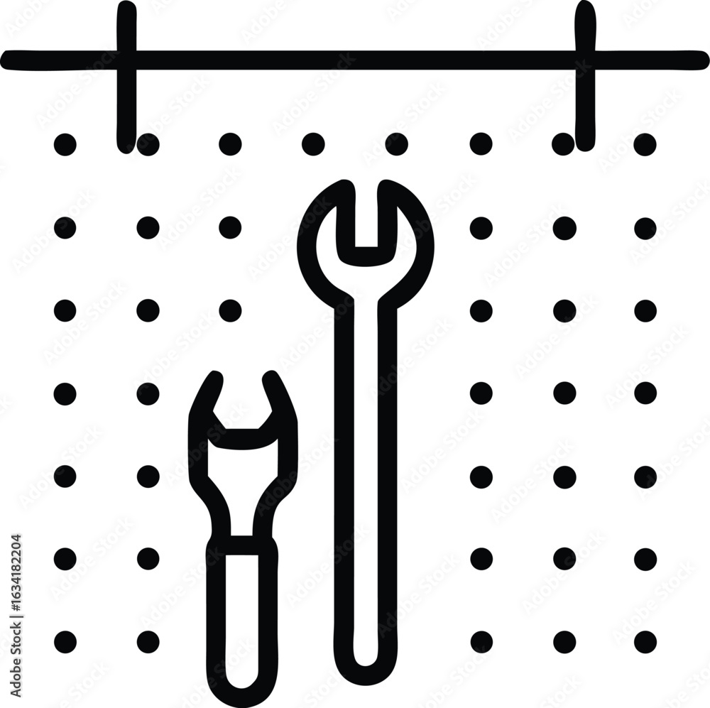 Poster workshop pegboard with wrenches and tools isolated on transparent background