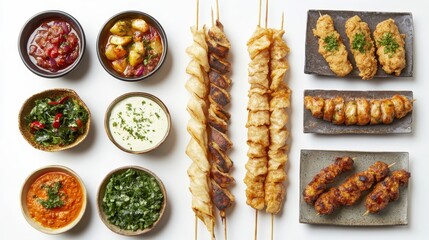 Delicious Assortment of Grilled Skewers and Dipping Sauces