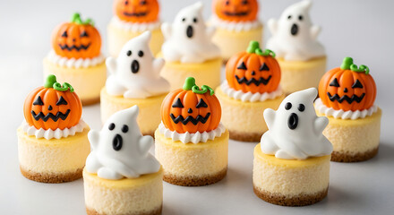 Halloween mini cheesecakes topped with pumpkin and ghost decorations : food and drinks for halloween