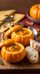 Pumpkin soup bowls with bread and spoons on wooden board : food and drinks for halloween