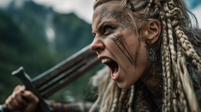 A female viking shield maiden woman shouting while carrying a large sword, with face tattoos and braided blonde hair, in a realistic photo portrait style.