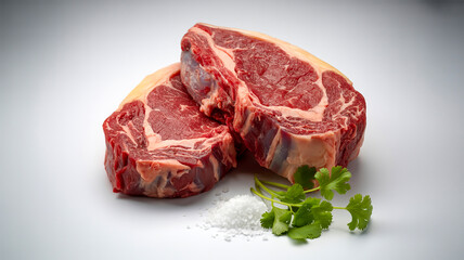 A high-quality product photograph of two raw beef steaks on a pure white background. 