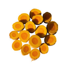 A vibrant group of turmeric slices, showcasing their natural color and texture isolated on transparent background