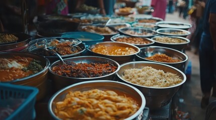 Fototapeta premium Colorful Street Food Dishes Displayed on Market Table in Asia