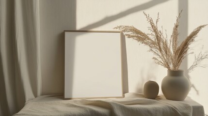 A minimalist, neutral-toned display featuring a blank framed canvas, dried pampas grass, and a ceramic vase, bathed in natural sunlight