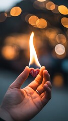 Hand holding burning red glitter heart with bokeh lights