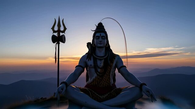 Majestic statue of lord shiva meditating peacefully atop a mountain as the sun sets, with a trident standing tall, embodying spirituality and the serene beauty of nature