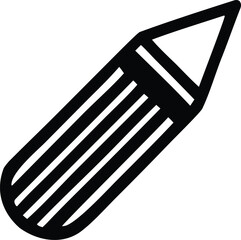 A simple bold black outline drawing of a sharpened pencil tilted diagonally showcasing its classic hexagonal body and pointed tip