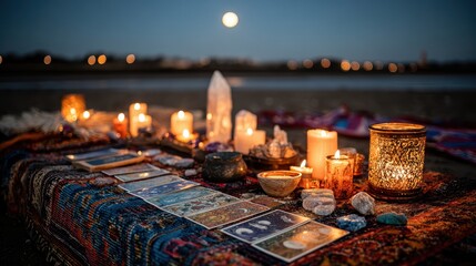 Mystical night scene on beach with tarot cards, candles, crystals, and full moon.