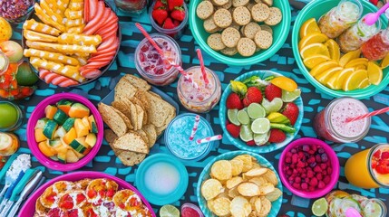 Colorful Summer Picnic Spread with Fruits, Snacks, and Refreshing Drinks