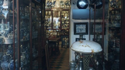 Obraz premium Antique store filled with vintage ceramics and collectibles, showcasing a rich tapestry of history with blurred and defocused elements creating a captivating bokeh effect.