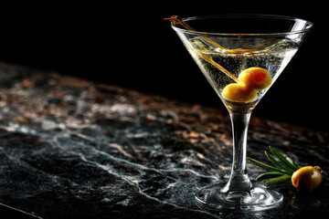 Classic martini cocktail garnished with olive on marble bar