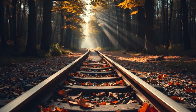 Railway tracks stretch through a forest in autumn, with sunlight streaming through the trees.