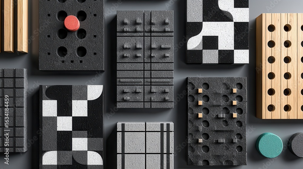 Poster collection of black and white patterned blocks with various textures and shapes arranged on a gray b
