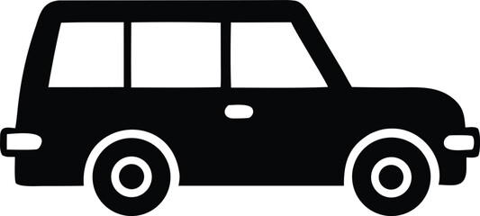 Simple black silhouette of a boxy suv or station wagon with four wheels and clear windows